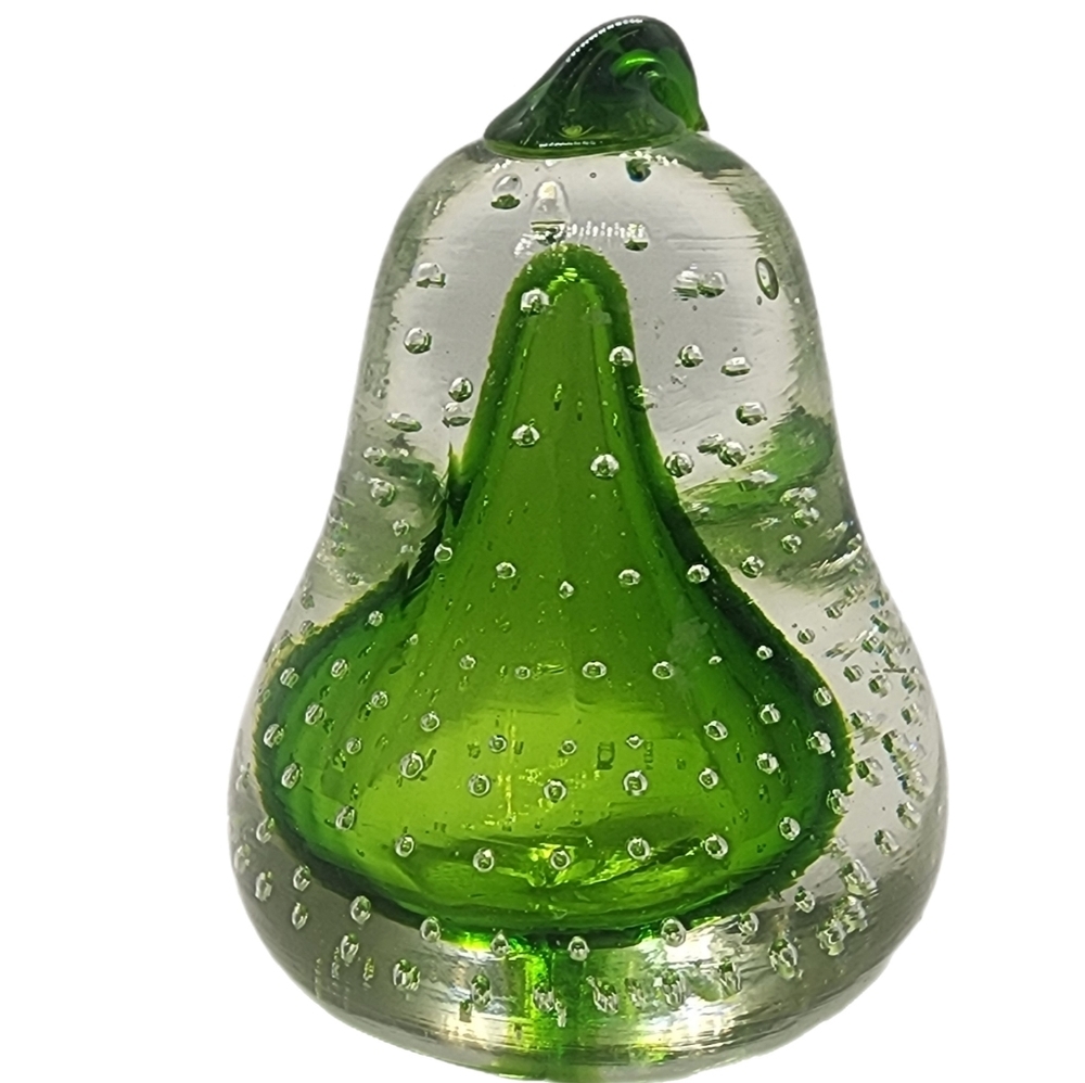 Glass Paperweight Pear Shape Green & Clear Glass with Air Bubbles